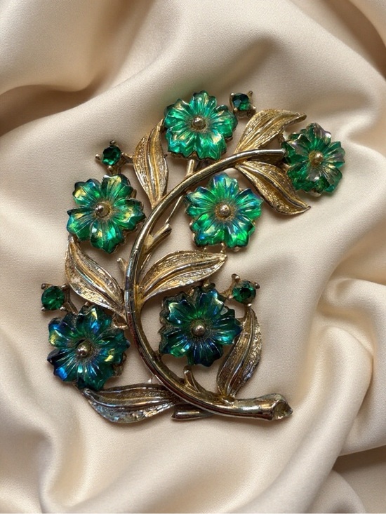 Coro Jewelry - Coro Brooch Pin Teal Green Iridescent Molded Glass Flowers Gold Tone 1960s